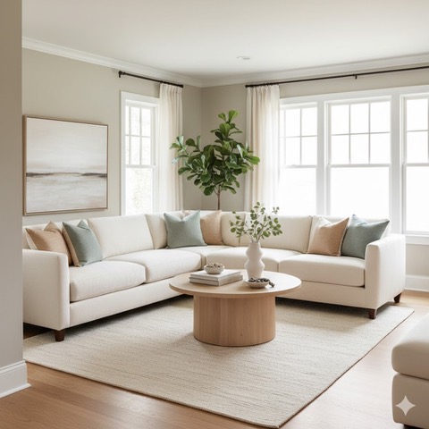 Modern living room with light greige walls, a large off-white sectional sofa, round wooden coffee table, large windows with sheer curtains, and subtle decorative accents, demonstrating calming paint colors for home staging.